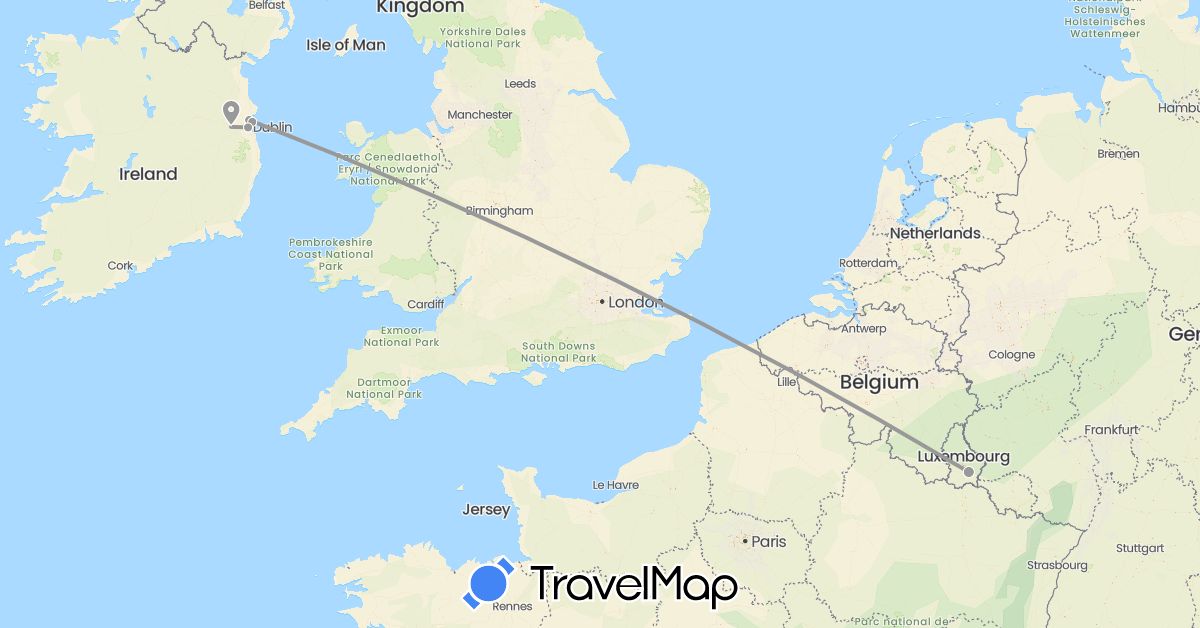 TravelMap itinerary: driving, plane in Ireland, Luxembourg (Europe)